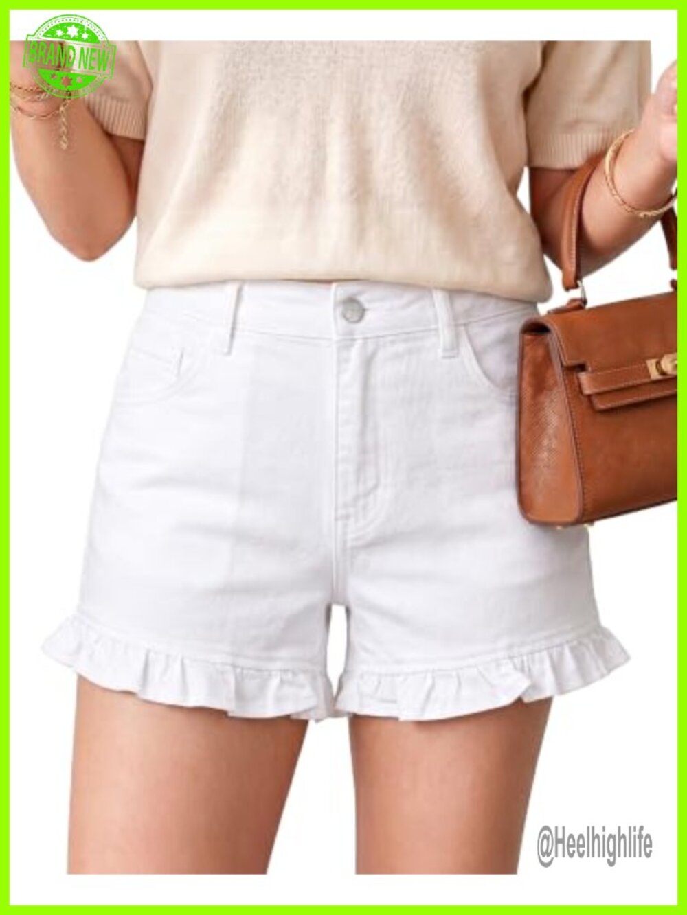 High Waisted Ruffle Hem Stretchy Denim Jean Shorts 4in Inseam